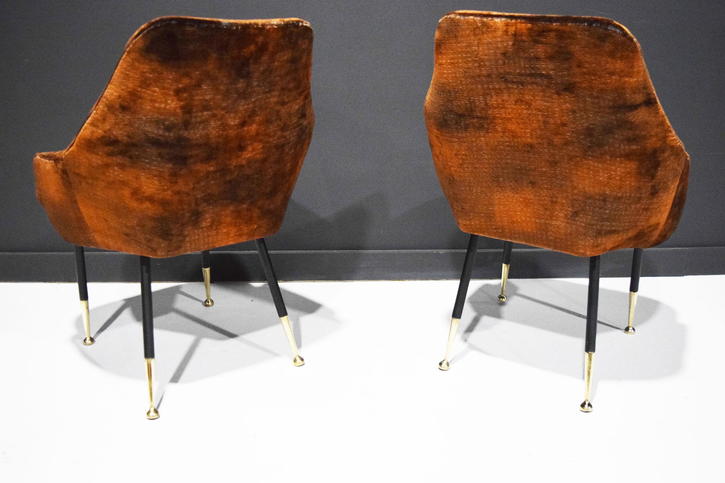 20th Century Italian Side Chairs, 1950s, in Parisien Velvet with Brass Tipped Legs For Sale
