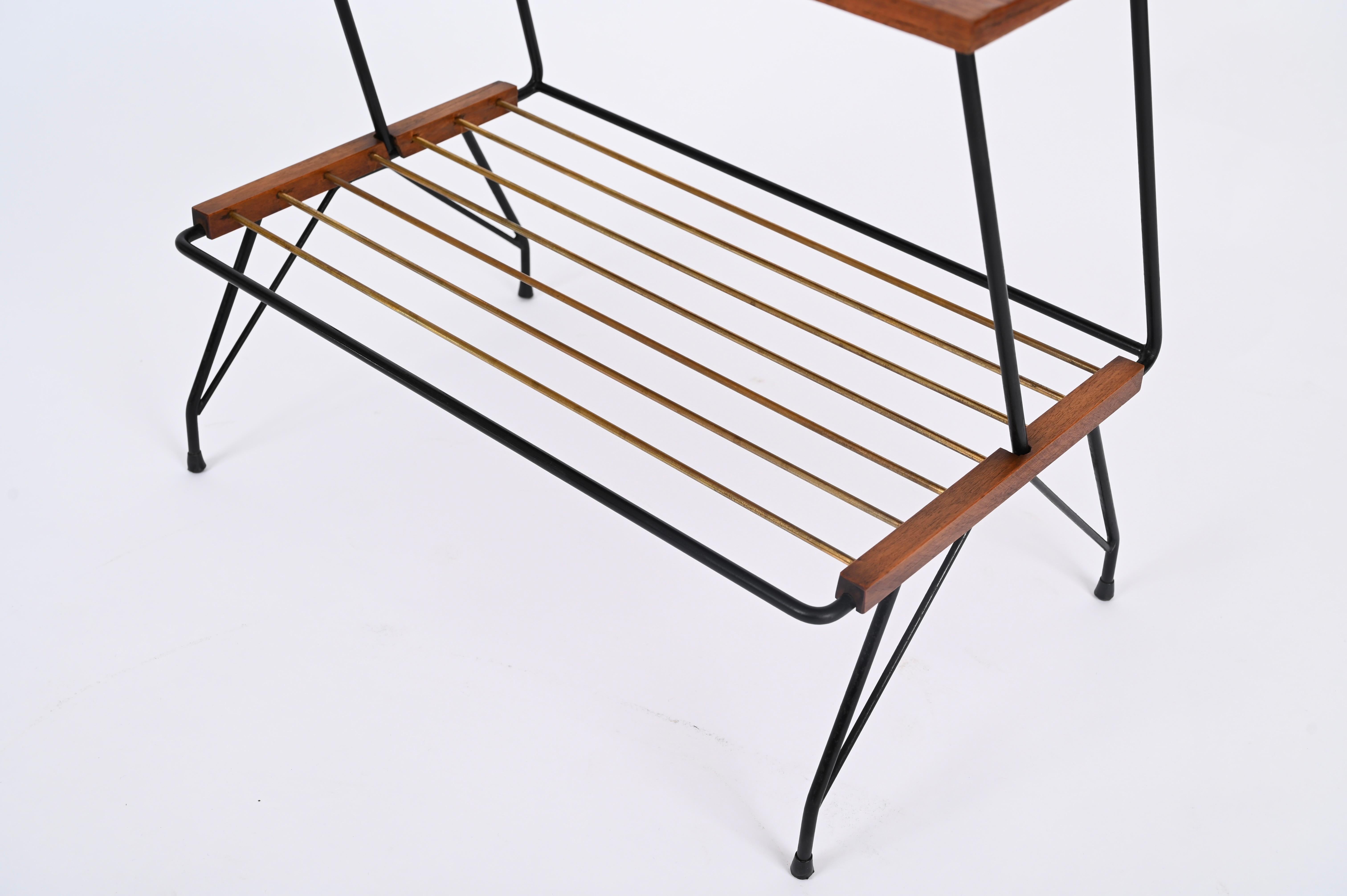 Metal Italian Side or Coffee Table with Brass Magazine Rack by Mobili Pizzetti, 1950s For Sale