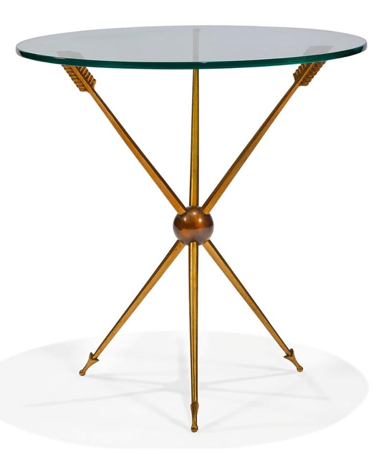 Italian modern arrow motif side table, Italy, 1950s. Brass and glass with impressed letters 's' and 'I'.