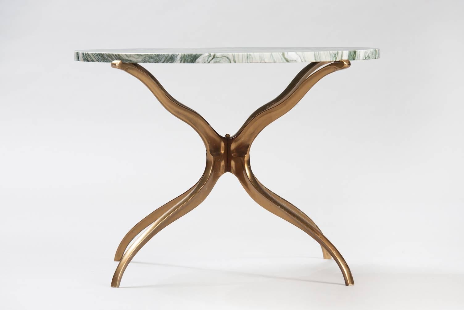 Anodized aluminium base and green marble top side table.