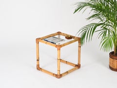 Tavolino italiano in bambù, vimini e vetro, Vivai del Sud, anni '70