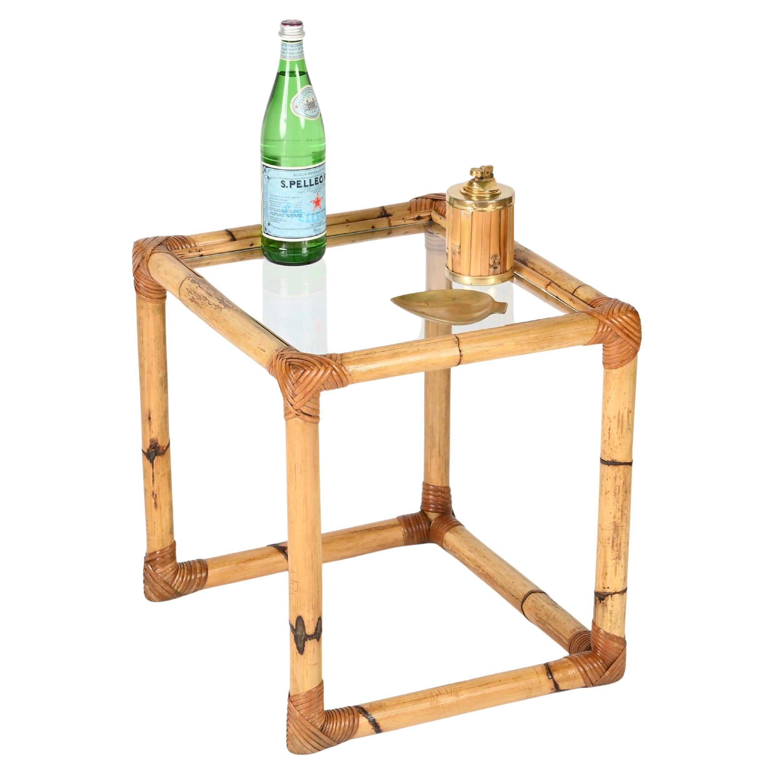 Italian Side Table in Bamboo, Wicker and Glass, Vivai del Sud, 1970s For Sale