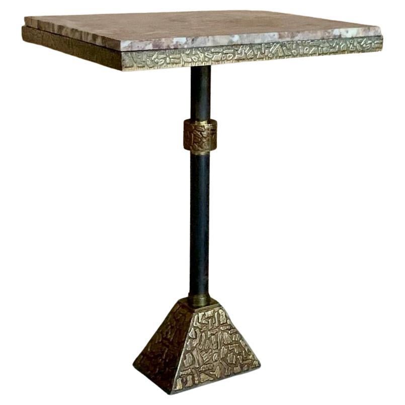 Italian Side Table in Engraved Animal Print Metal with Square Granite Top For Sale