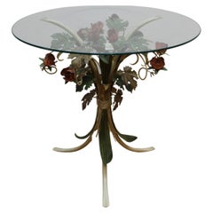Italian Side Table w/ Painted Metal Floral Base & Round Glass Top