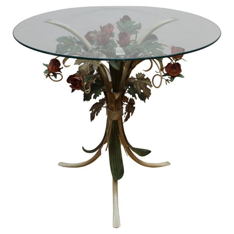 Italian Side Table w/ Painted Metal Floral Base and Round Glass Top For