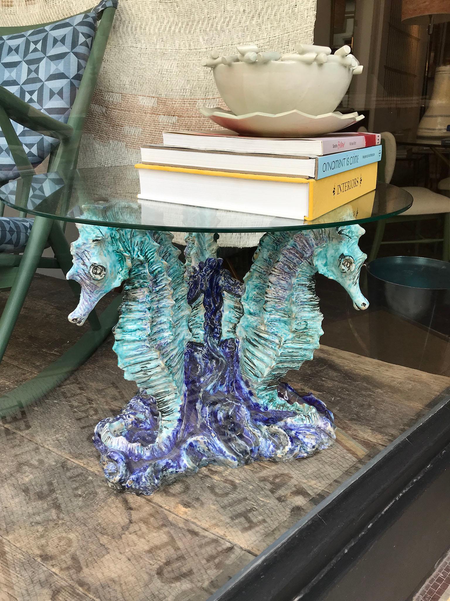 Mid-20th Century Italian Side Table with Ceramic Seahorse Base, 1960s For Sale