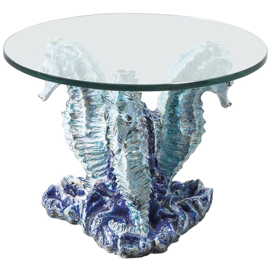 Italian Side Table with Ceramic Seahorse Base, 1960s For Sale