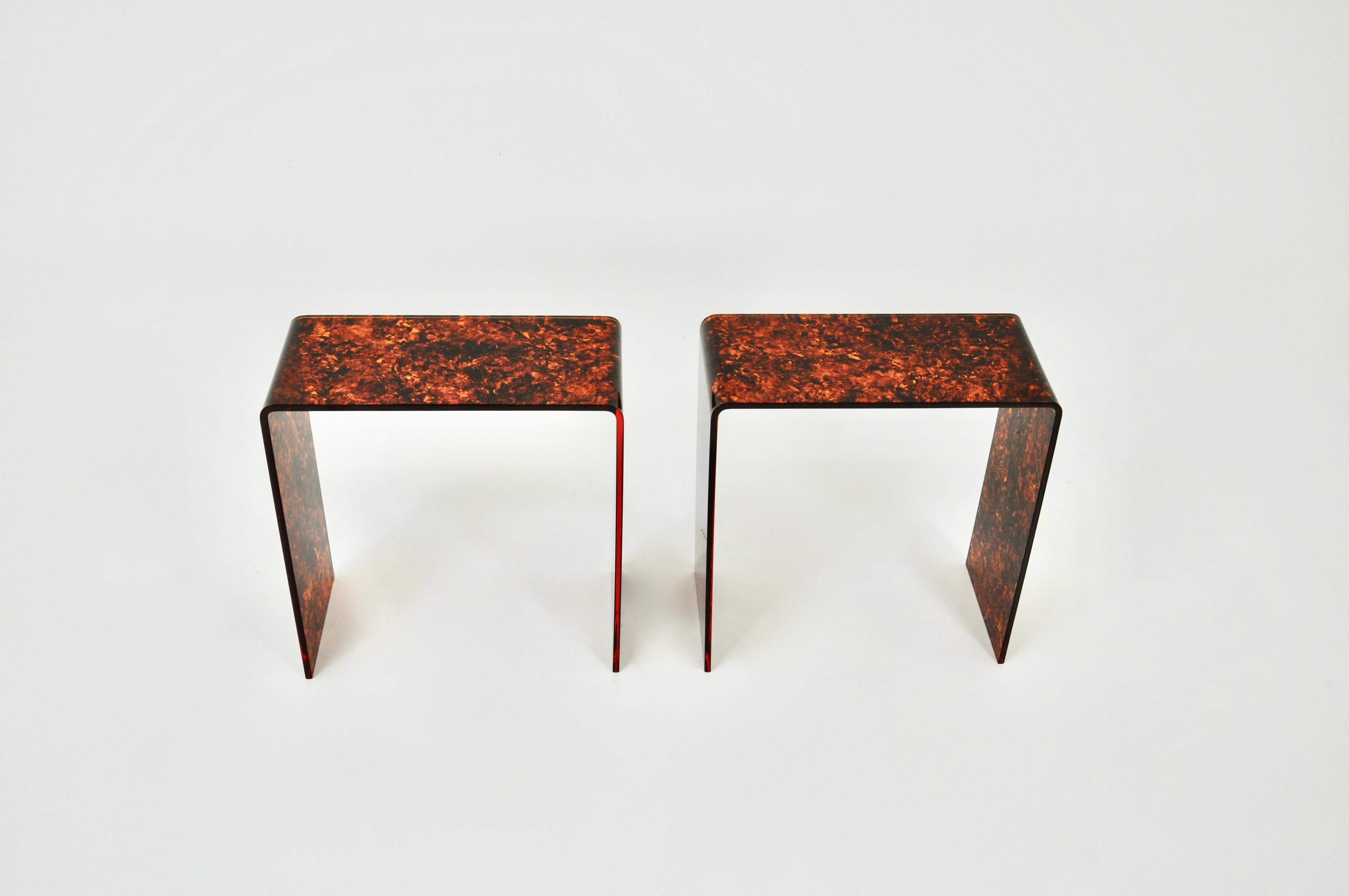 Pair of Italian methacrylate side tables in the style of Christian Dior. Wear due to time and age of the tables.