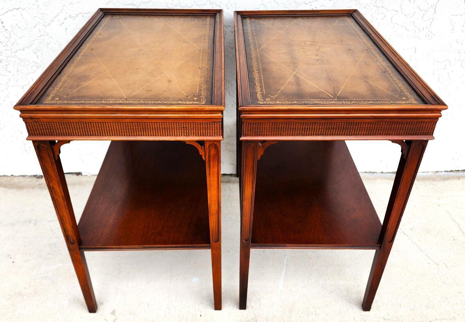Italian Side Tables Walnut Leather Top Vintage Pair For Sale 6