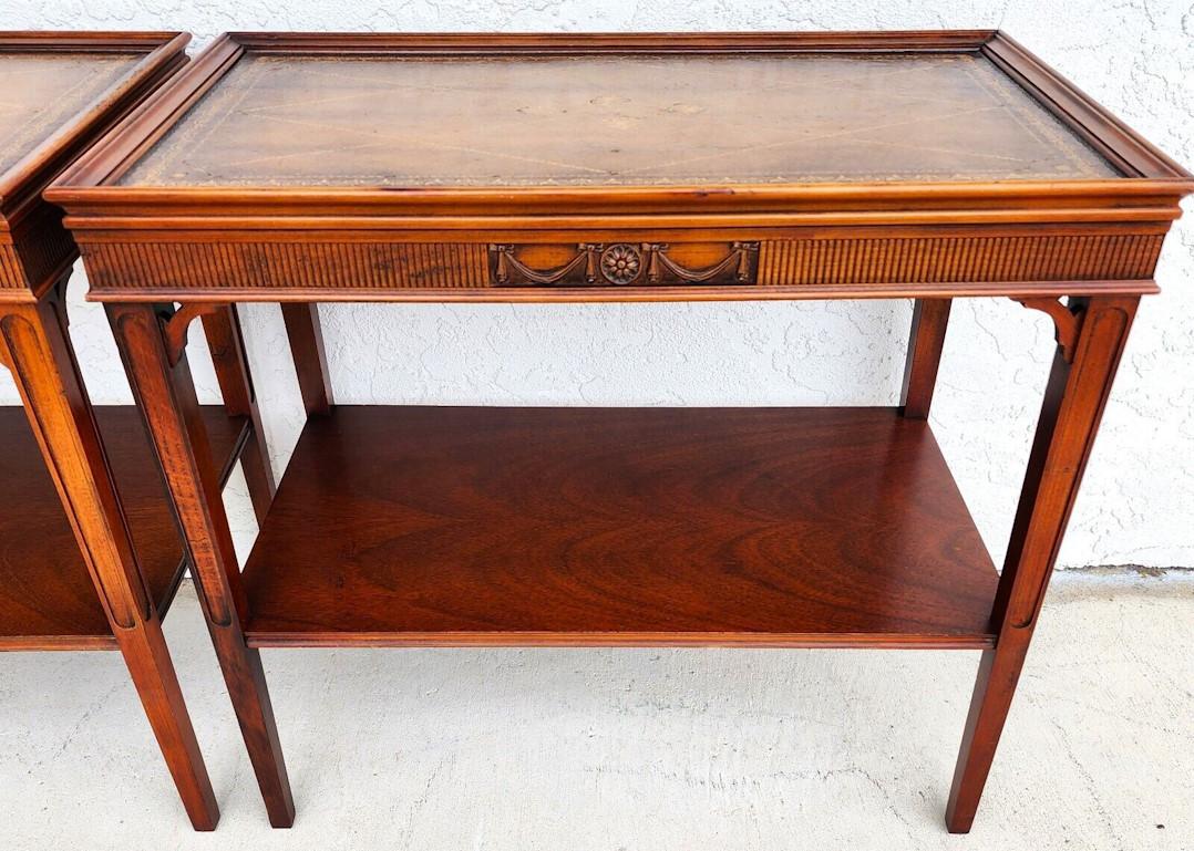 Neoclassical Revival Italian Side Tables Walnut Leather Top Vintage Pair For Sale