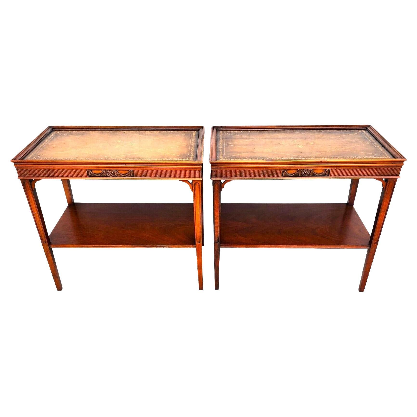 Italian Side Tables Walnut Leather Top Vintage Pair For Sale