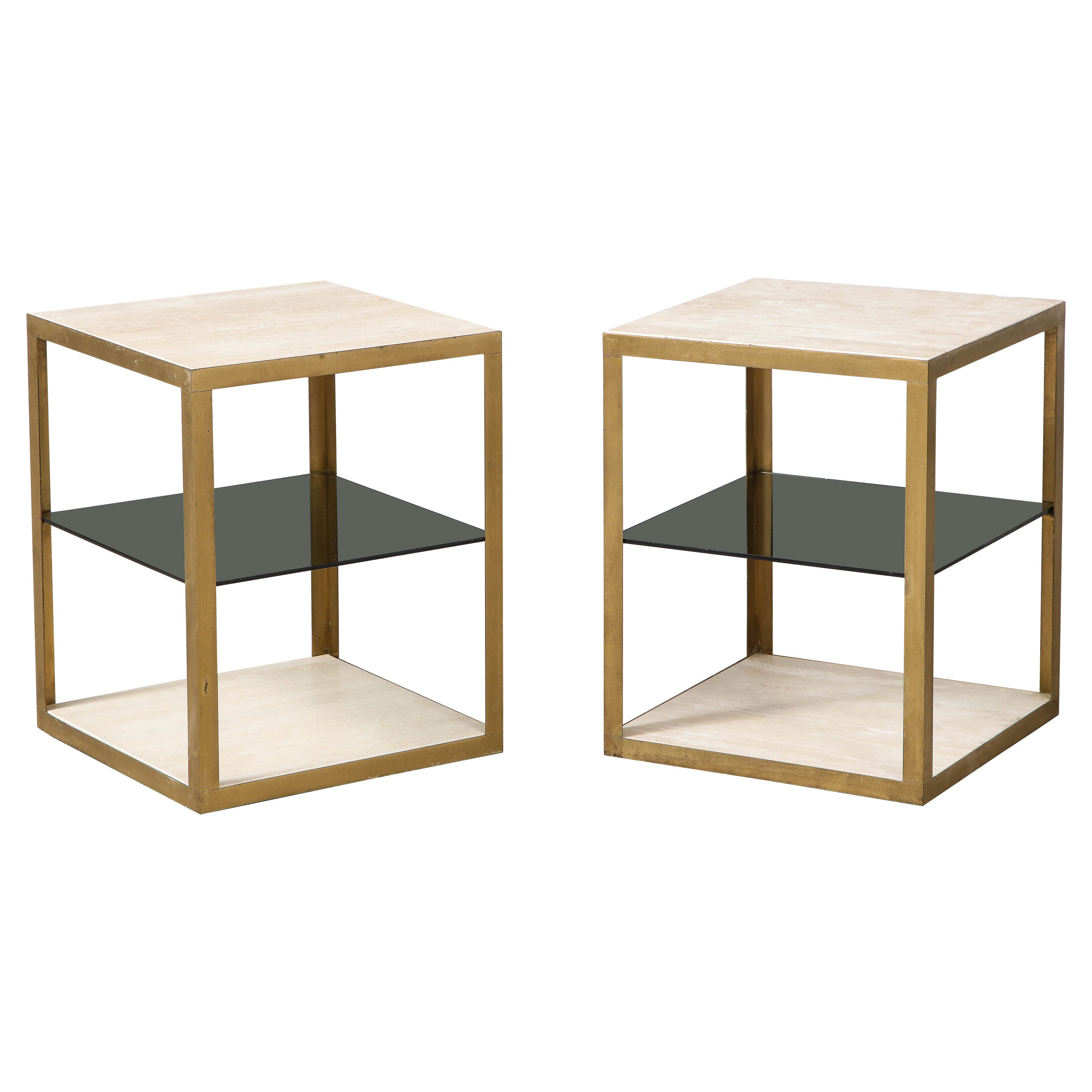 Italian Side Tables with Travertine, Glass, and Brass Trim, 1970s For Sale