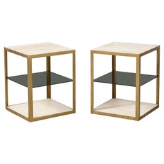 Italian Side Tables with Travertine, Glass, and Brass Trim, 1970s