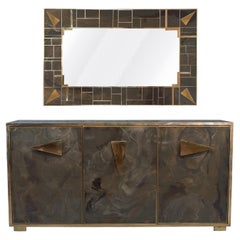 Italian Sideboard and Wall Mirror Hand-Painted Marble-effect Glass Available