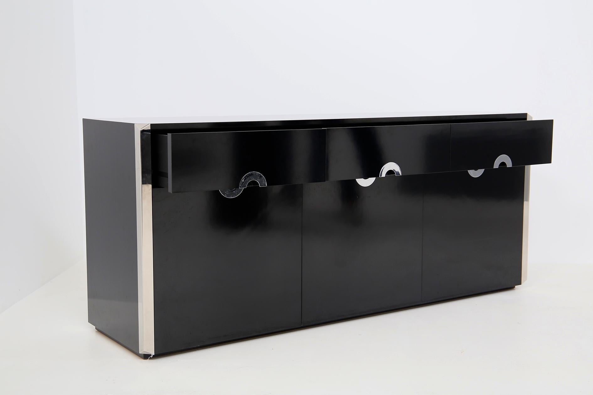 Italian Sideboard by Willy Rizzo for Mario Sabot in Black Wood and Steel, 1970s In Good Condition In Milano, IT