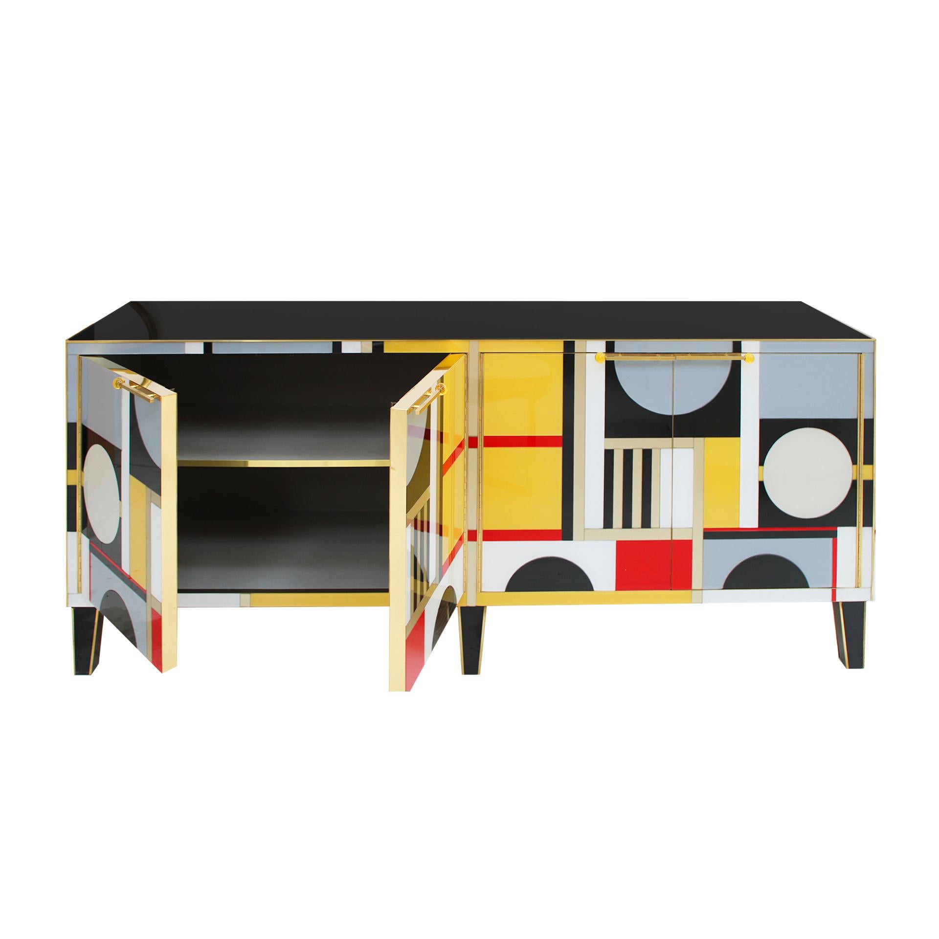 Mid Century Modern Italian Sideboard Covered In Colored Glass. 1950s For Sale 1