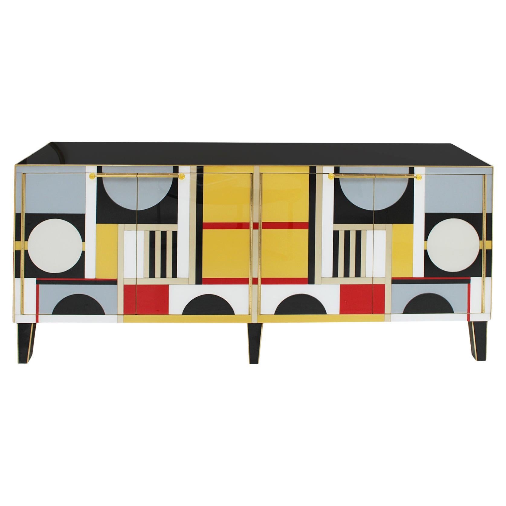 Mid Century Modern Italian Sideboard Covered In Colored Glass. 1950s For Sale