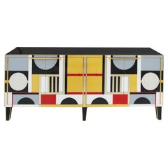 Used Mid Century Modern Italian Sideboard Covered In Colored Glass. 1950s