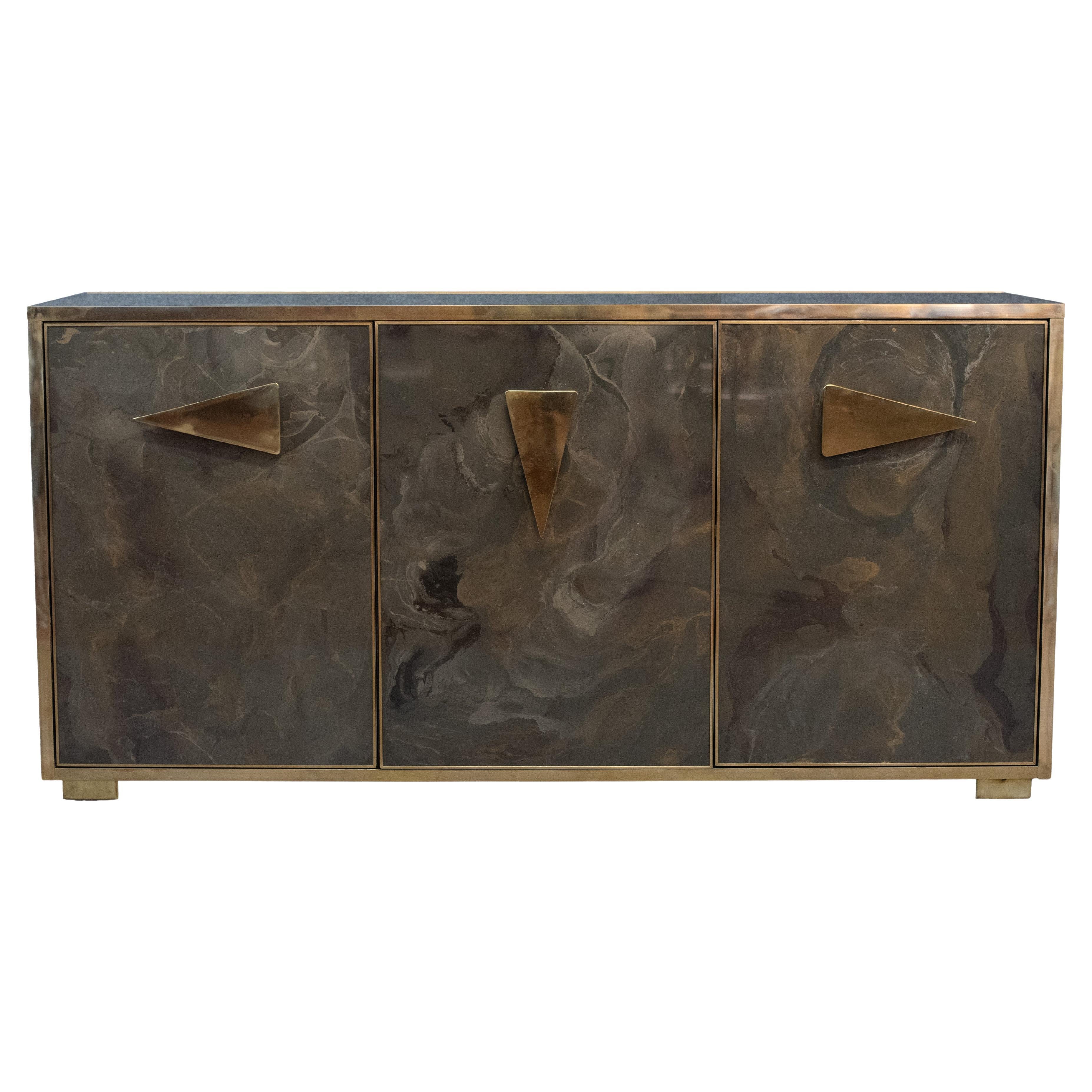 Italian Sideboard Hand-Painted Marble-effect Glass with 3 Doors Available