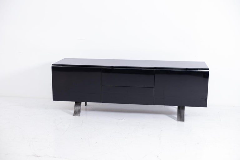 Modern Italian Sideboard in Black Lacquered Wood and Steel, 1970s For Sale
