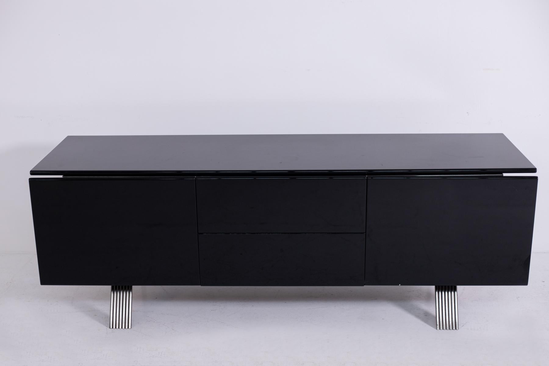 Italian Sideboard in Black Lacquered Wood and Steel, 1970s In Good Condition In Milano, IT