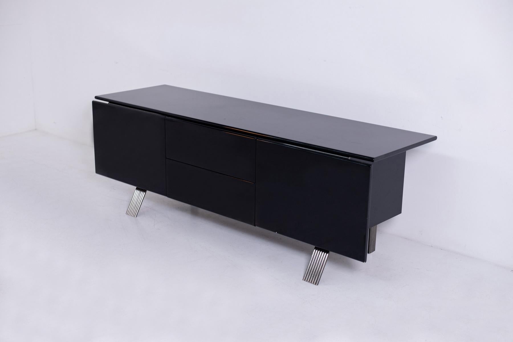 Italian Sideboard in Black Lacquered Wood and Steel, 1970s 1