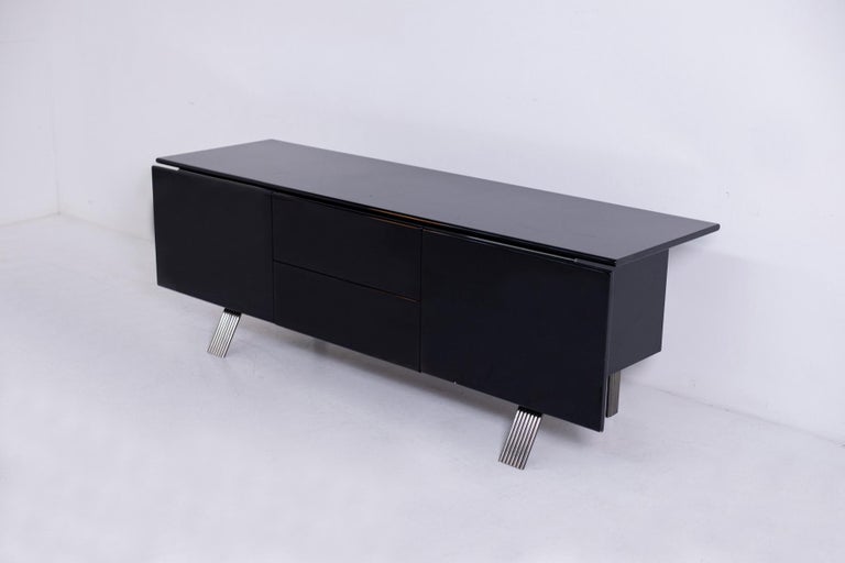 Italian Sideboard in Black Lacquered Wood and Steel, 1970s For Sale 1