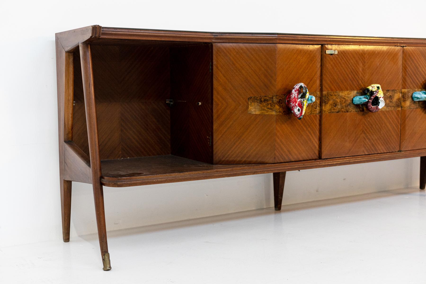 Mid-20th Century Italian Sideboard in Precious Woods and Ceramic Handles