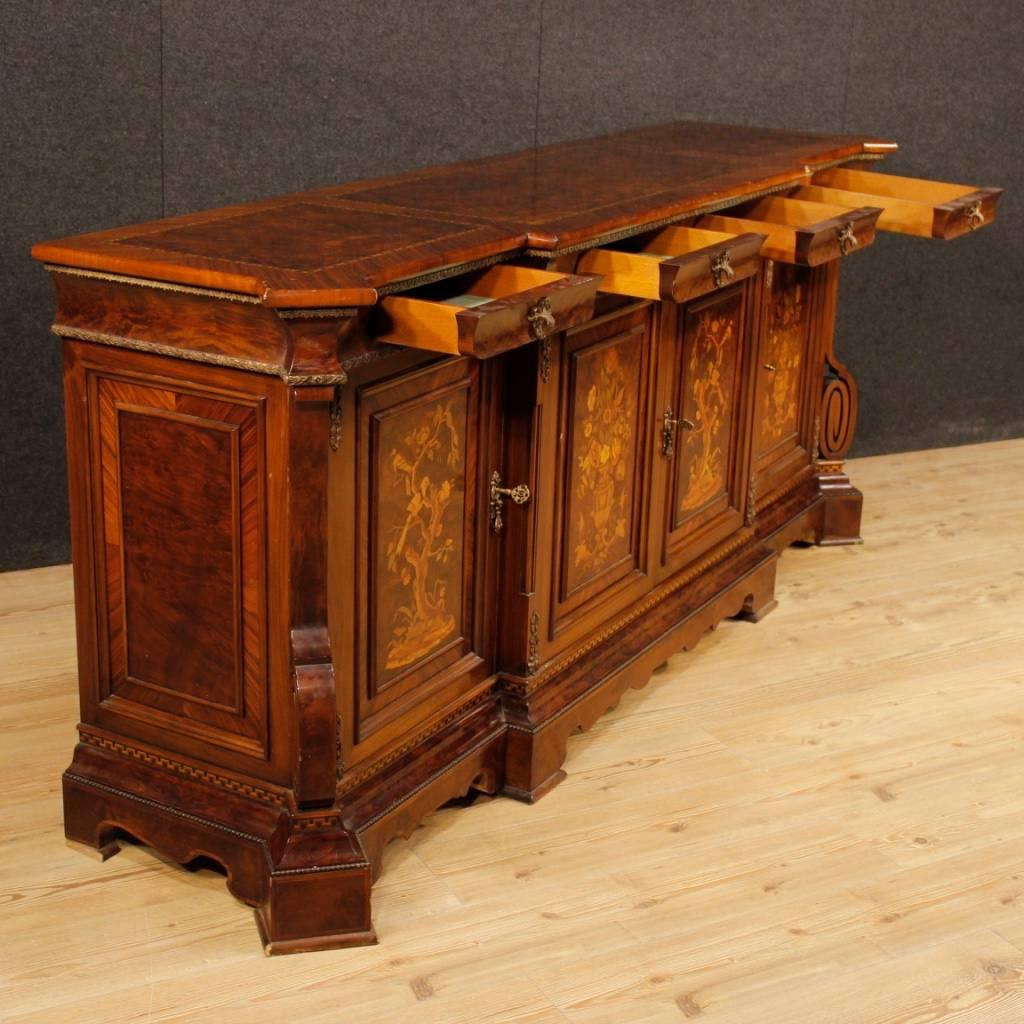 Rosewood Italian Sideboard in Inlaid Wood with Four Doors from 20th Century