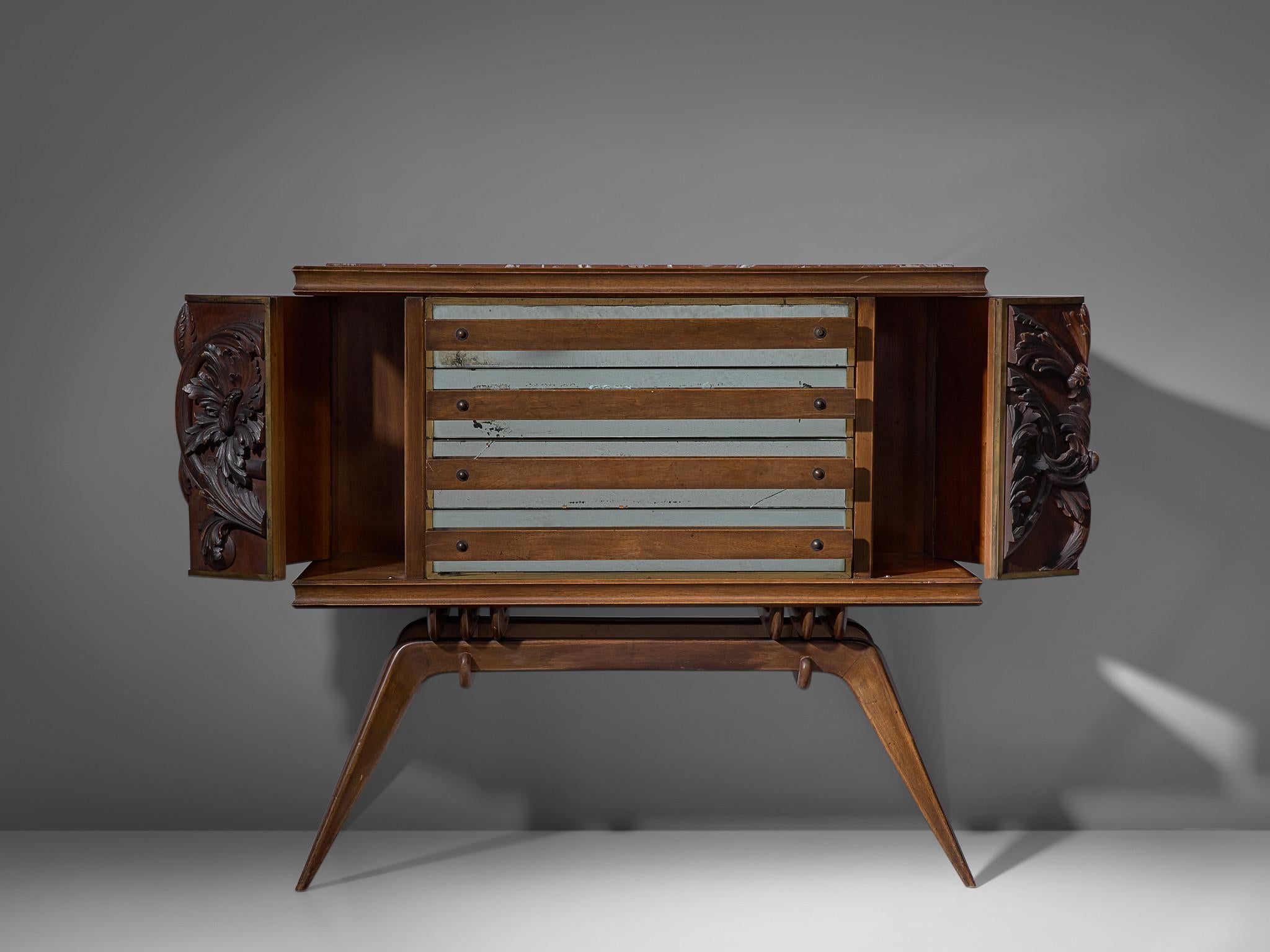 Art Deco Italian Sideboard in Oak with Brass and Marble