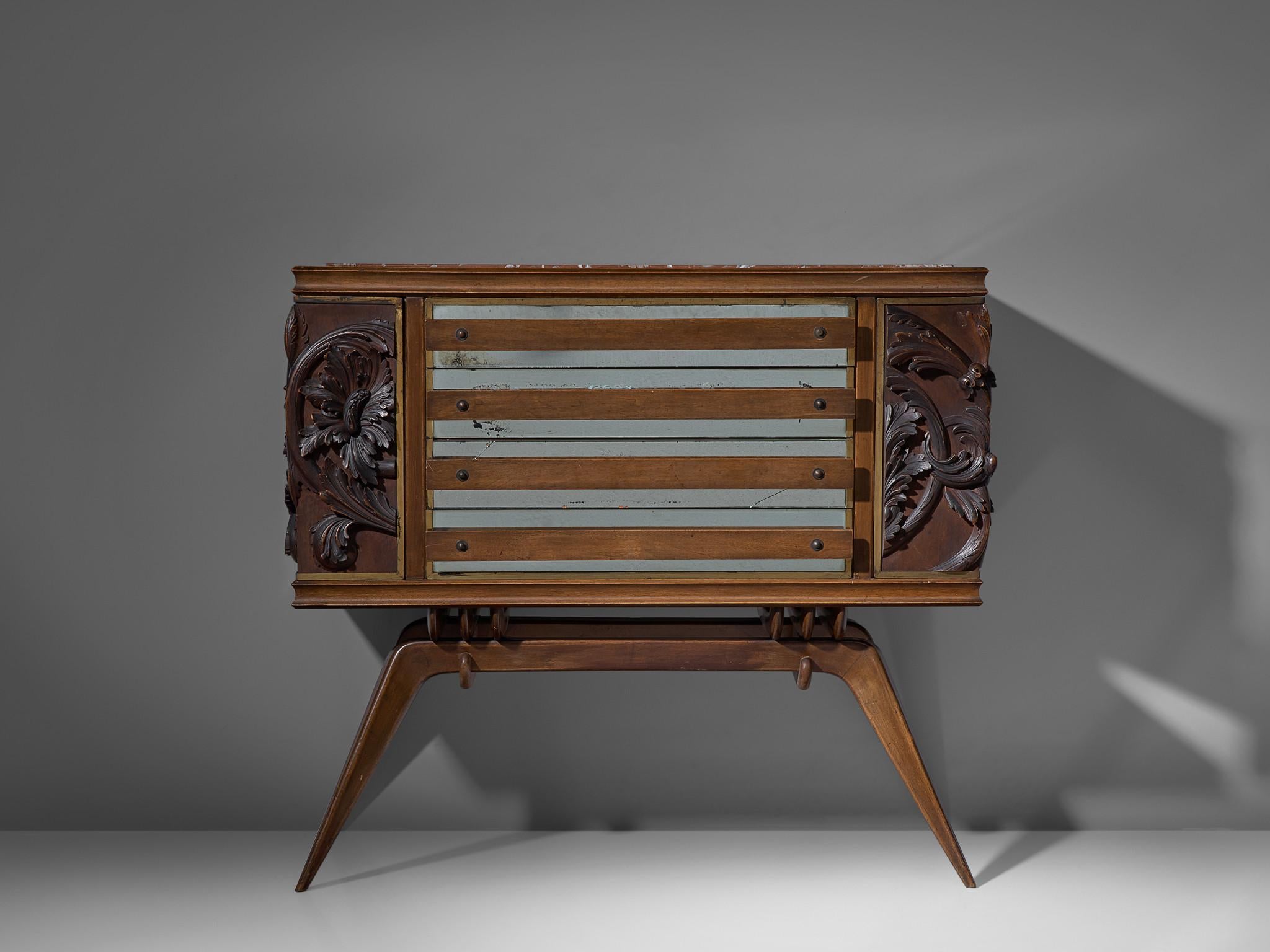 Mid-20th Century Italian Sideboard in Oak with Brass and Marble