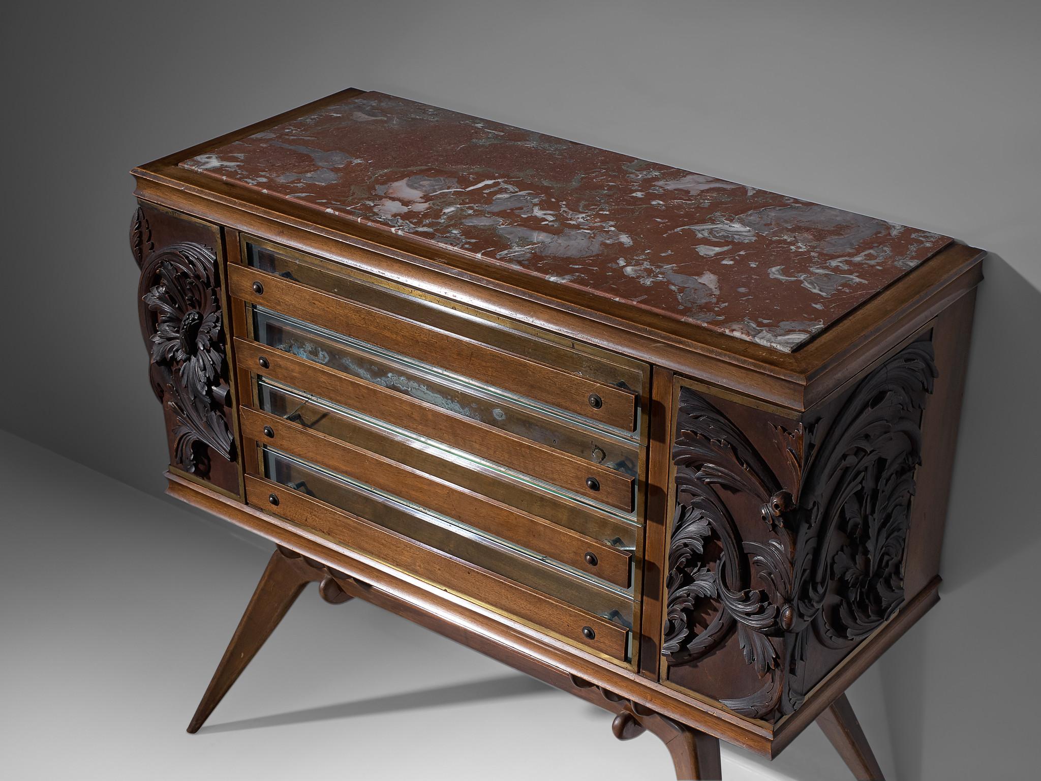 Characteristic Italian Sideboard in Walnut with Brass and Marble 1