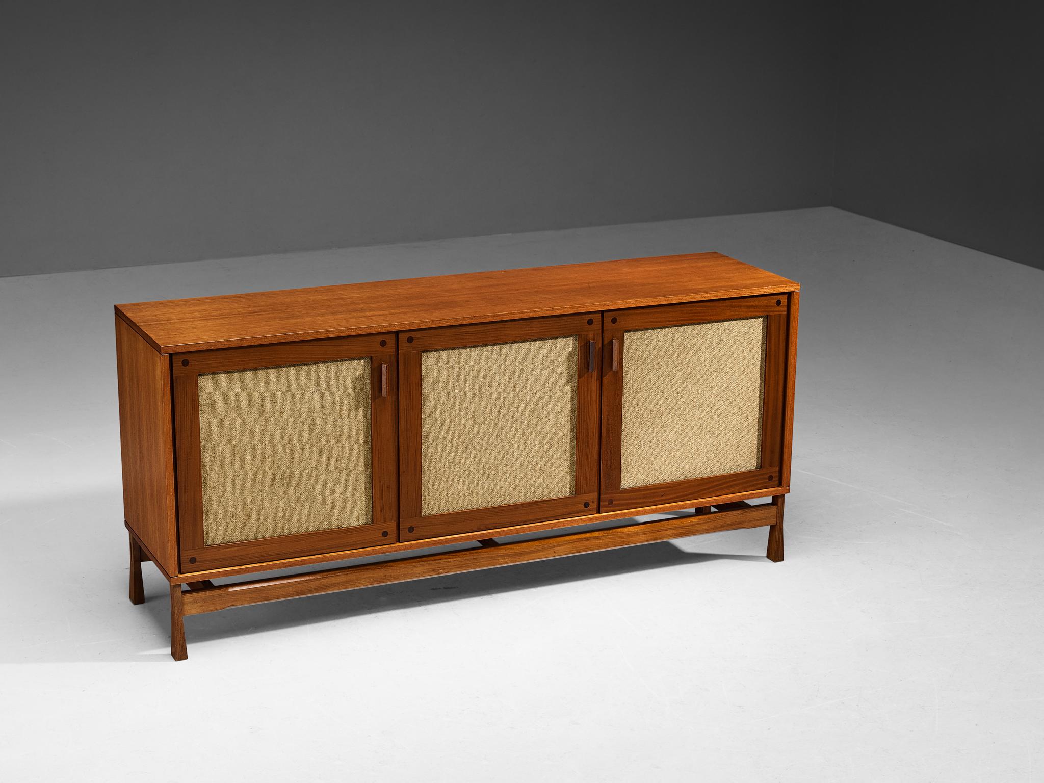 Sideboard, teak, weaved wool, Italy, 1960s

Geometry is at the forefront of this high-quality cabinet, expressed through clear lines and angular formalism. The wood joints testify of great craftsmanship and expertise. Sufficient amount of storage