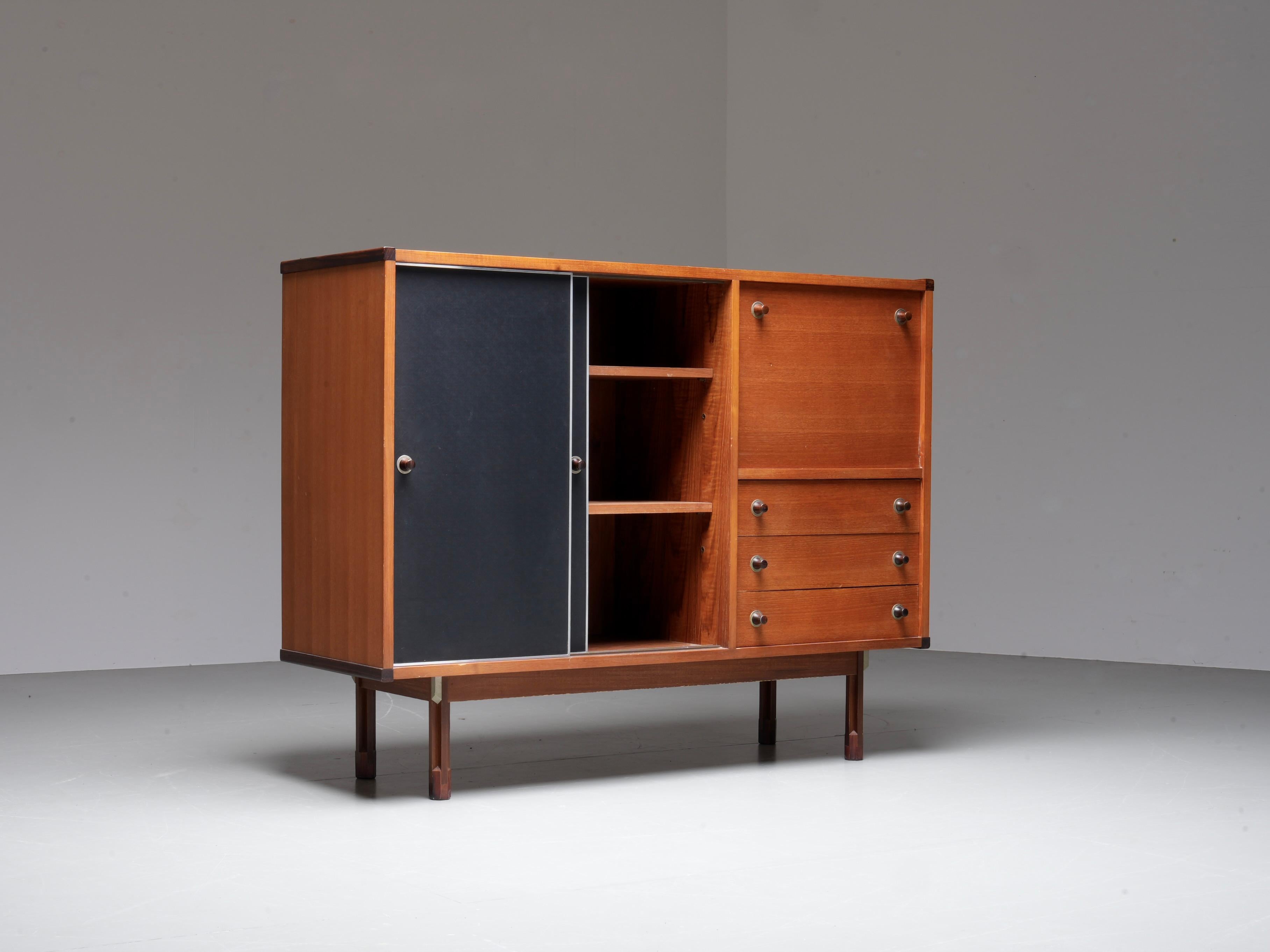 Mid-Century Modern Italian Cabinet/ Secretary in Teak, Metal and Black Laminate, 1960's. For Sale