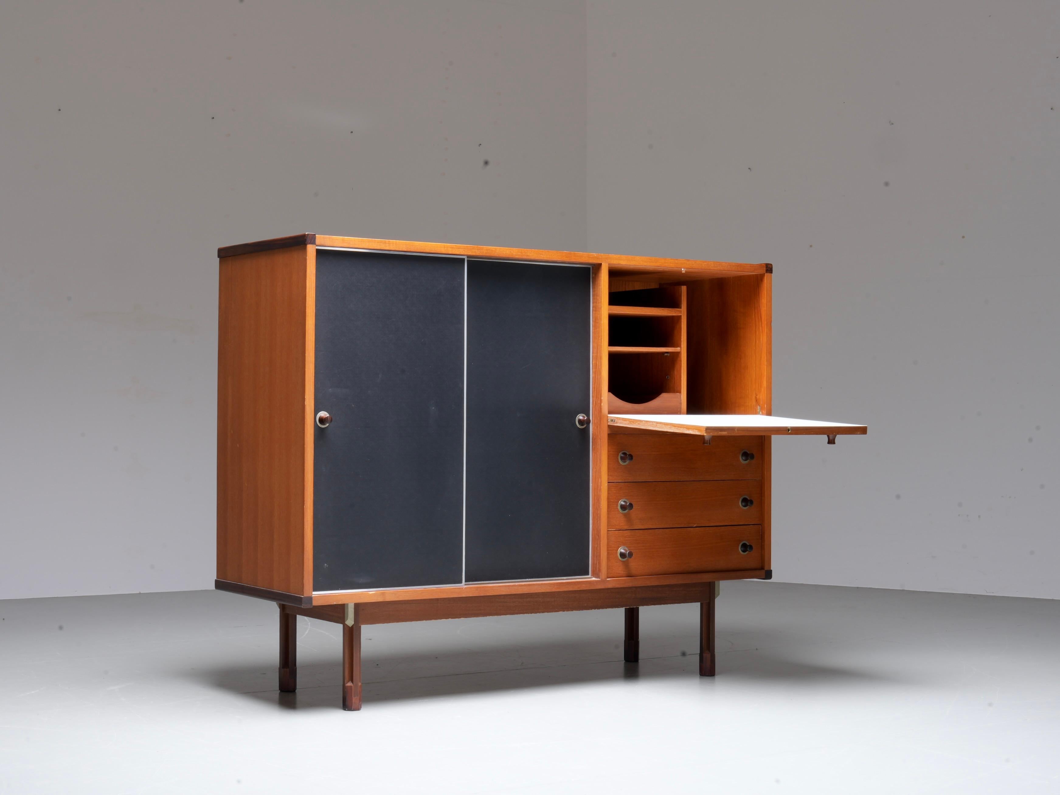 Italian Cabinet/ Secretary in Teak, Metal and Black Laminate, 1960's. In Good Condition For Sale In Uithoorn, NL