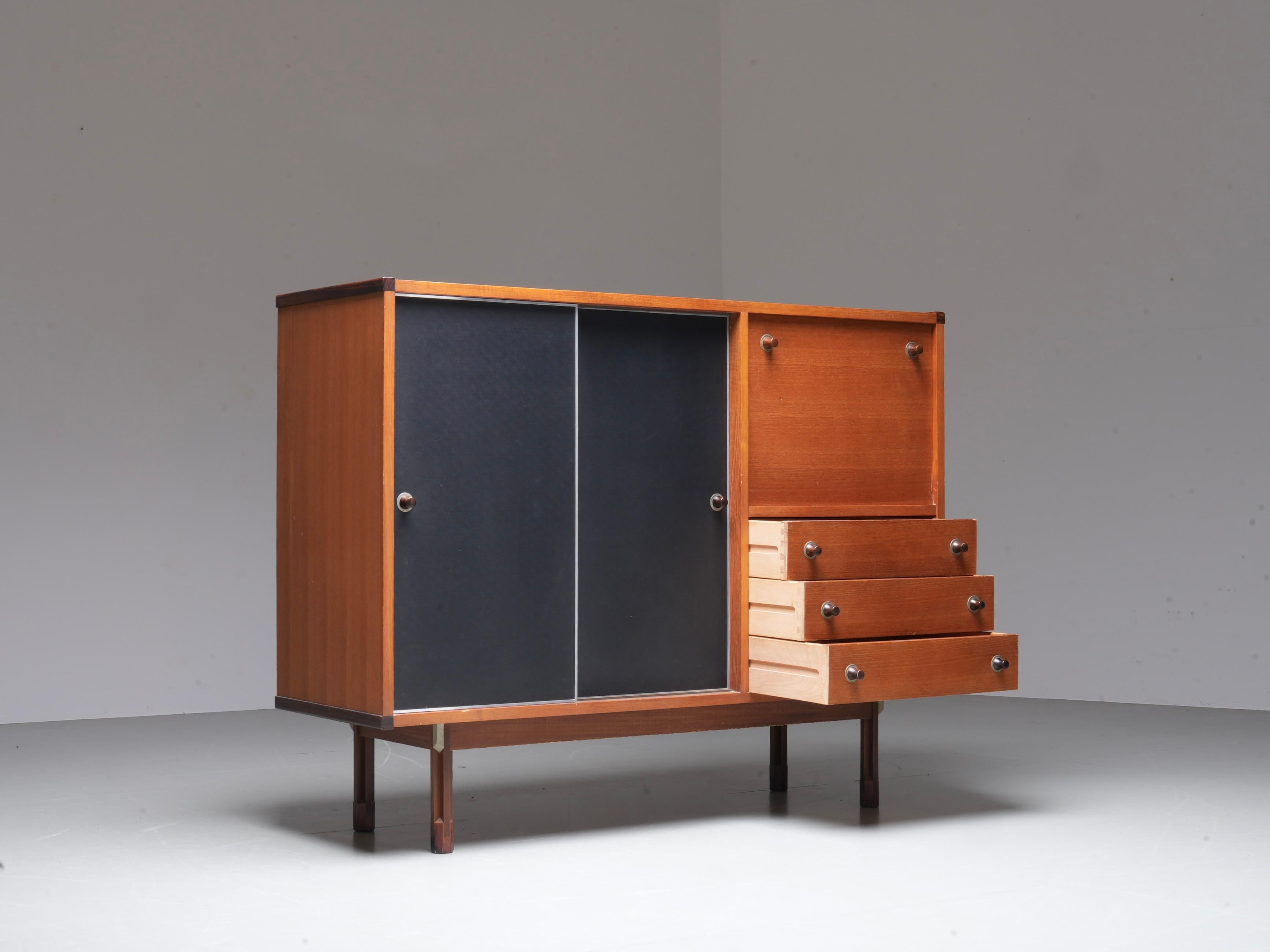 20th Century Italian Cabinet/ Secretary in Teak, Metal and Black Laminate, 1960's. For Sale