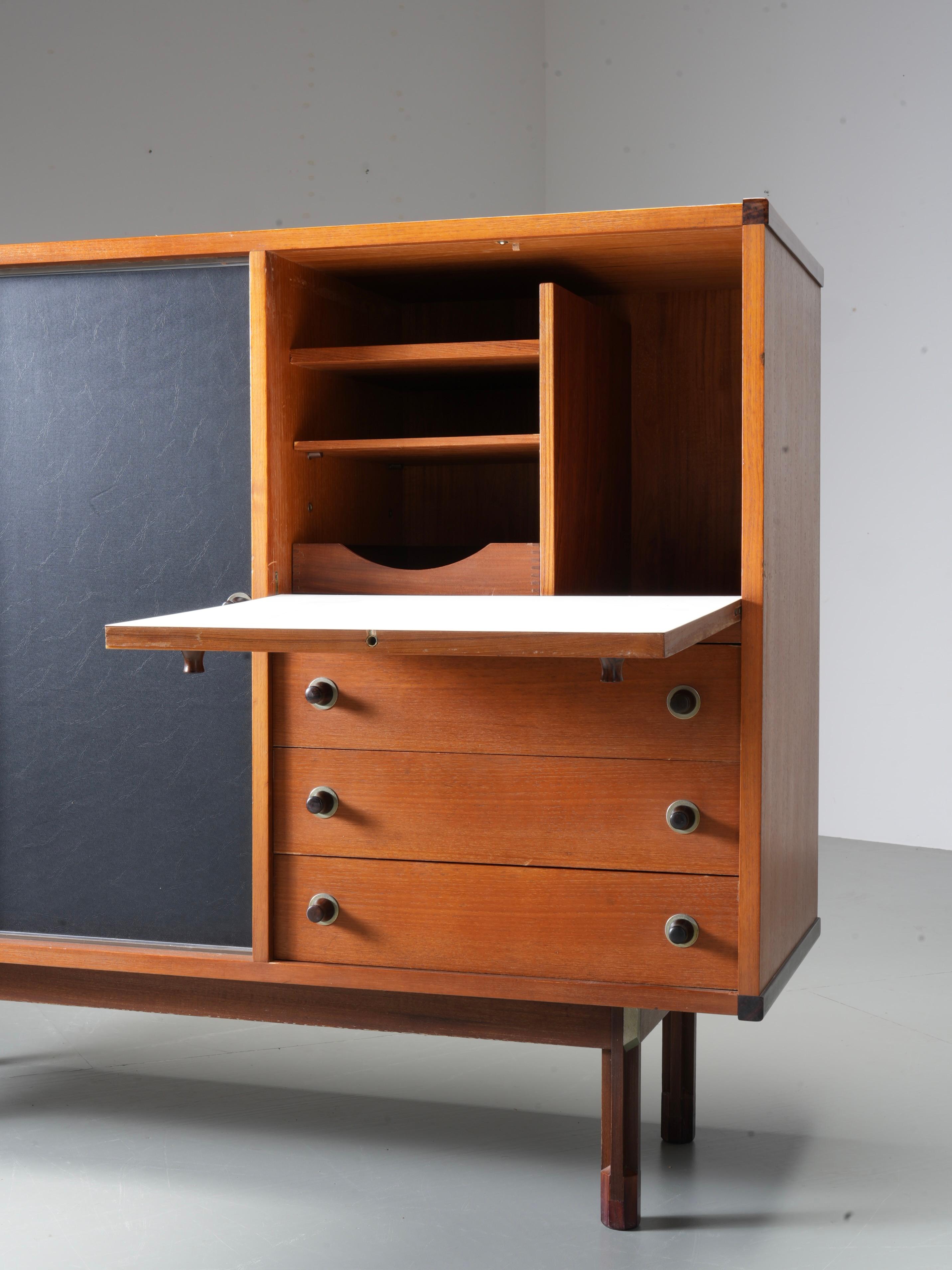Italian Cabinet/ Secretary in Teak, Metal and Black Laminate, 1960's. For Sale 2