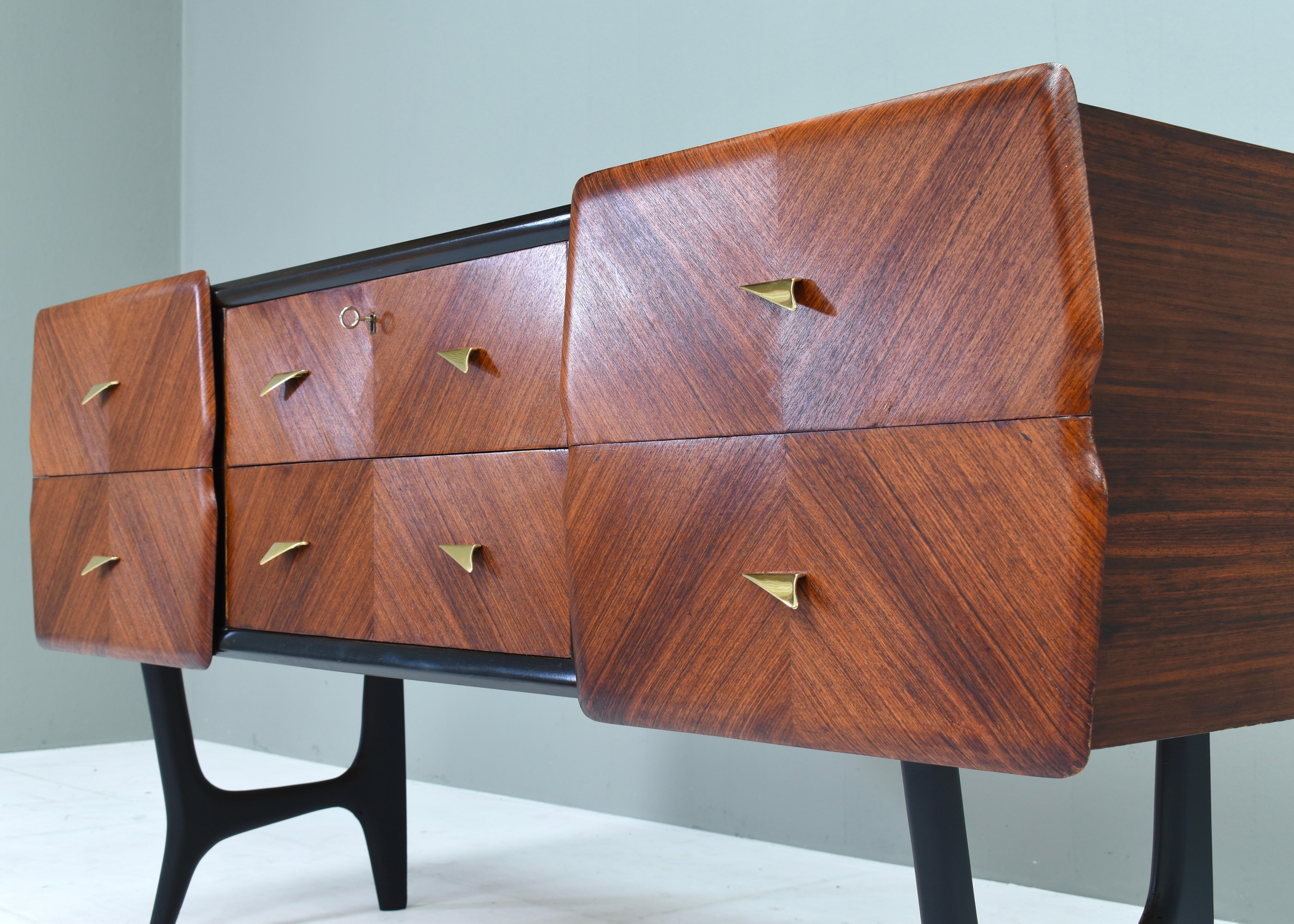 Italian Sideboard in Walnut with Brass details and Glass top, Italy, circa 1950 9
