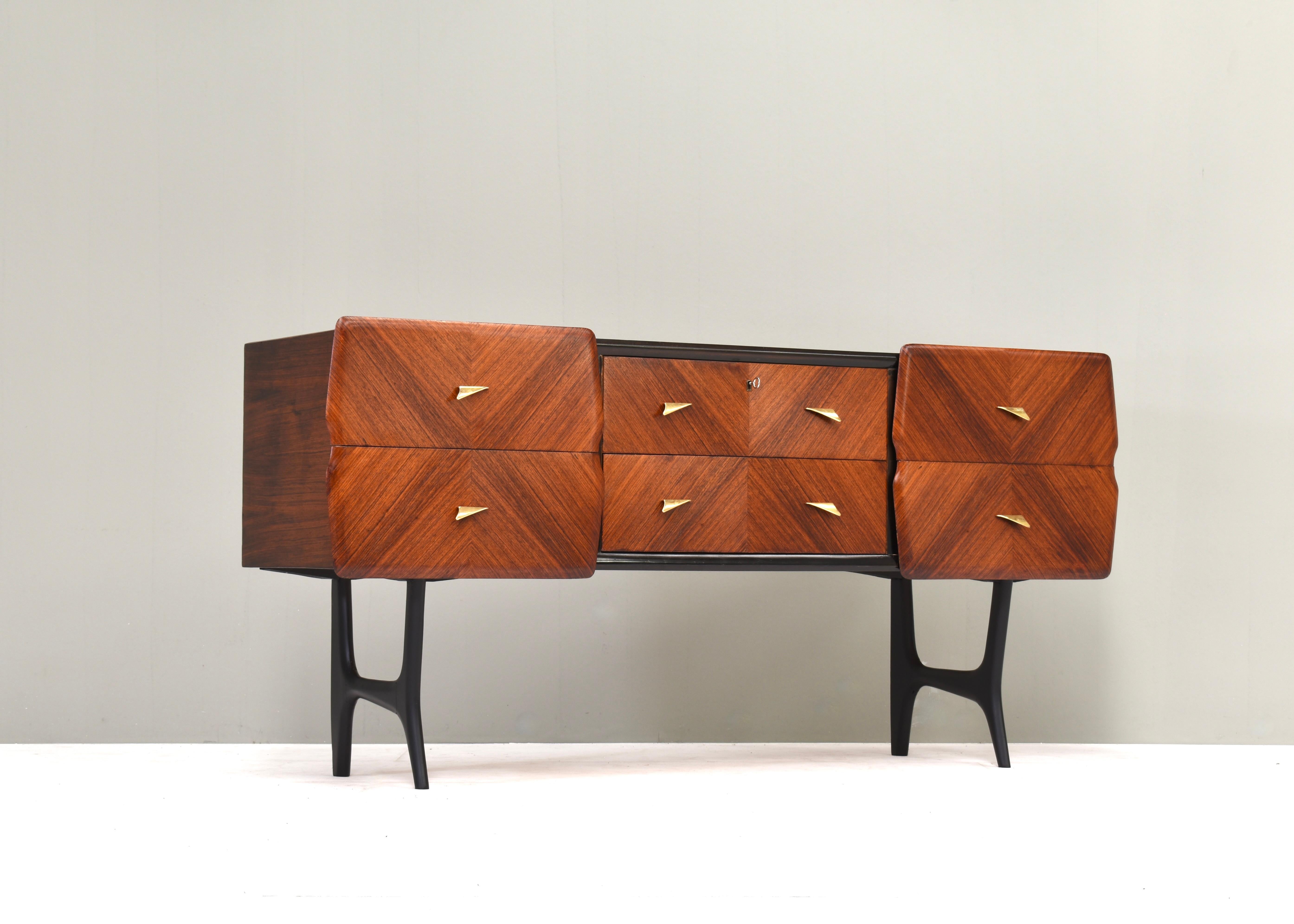 Mid-Century Modern Italian Sideboard in Walnut with Brass details and Glass top, Italy, circa 1950