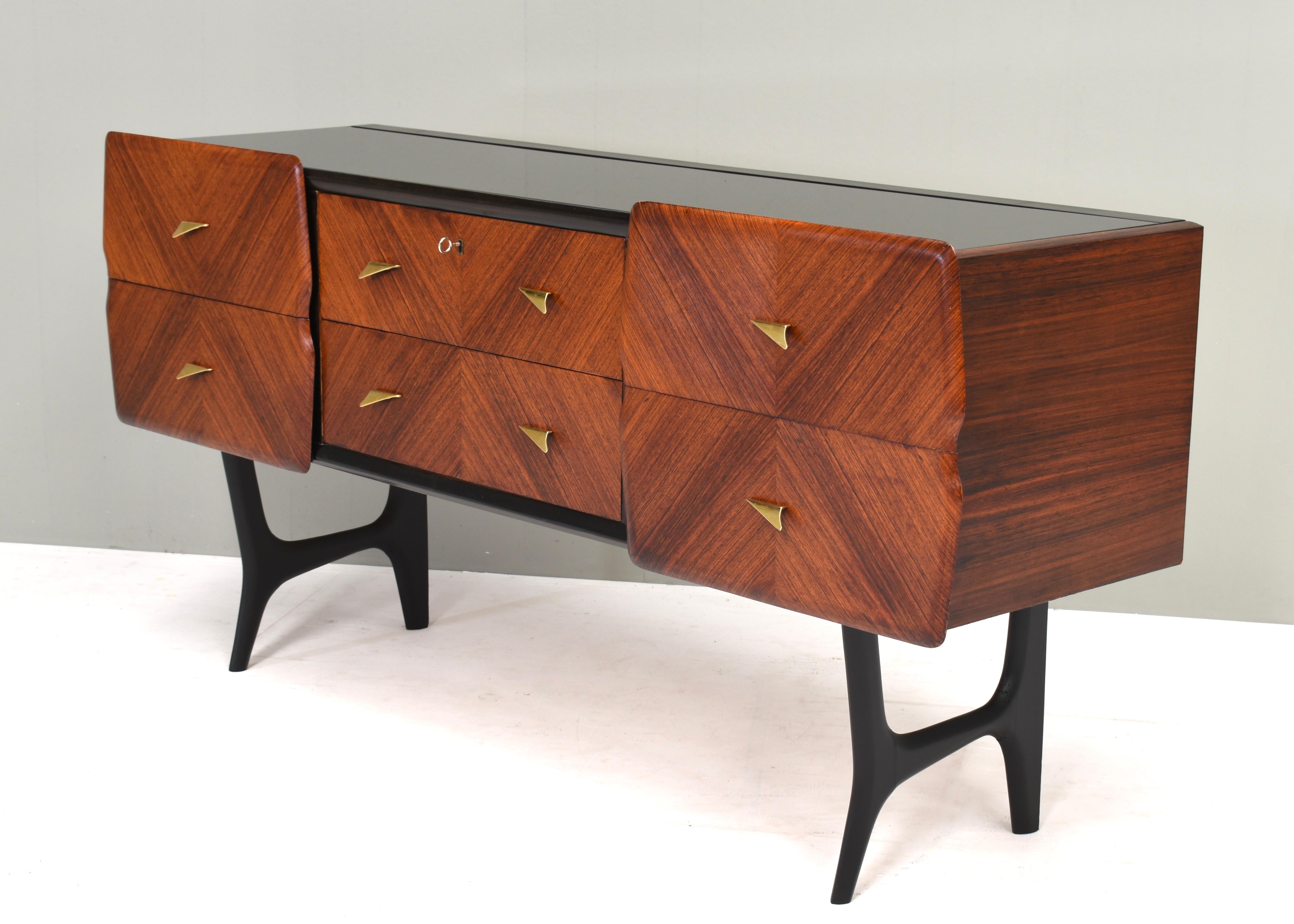 Italian Sideboard in Walnut with Brass details and Glass top, Italy, circa 1950 1