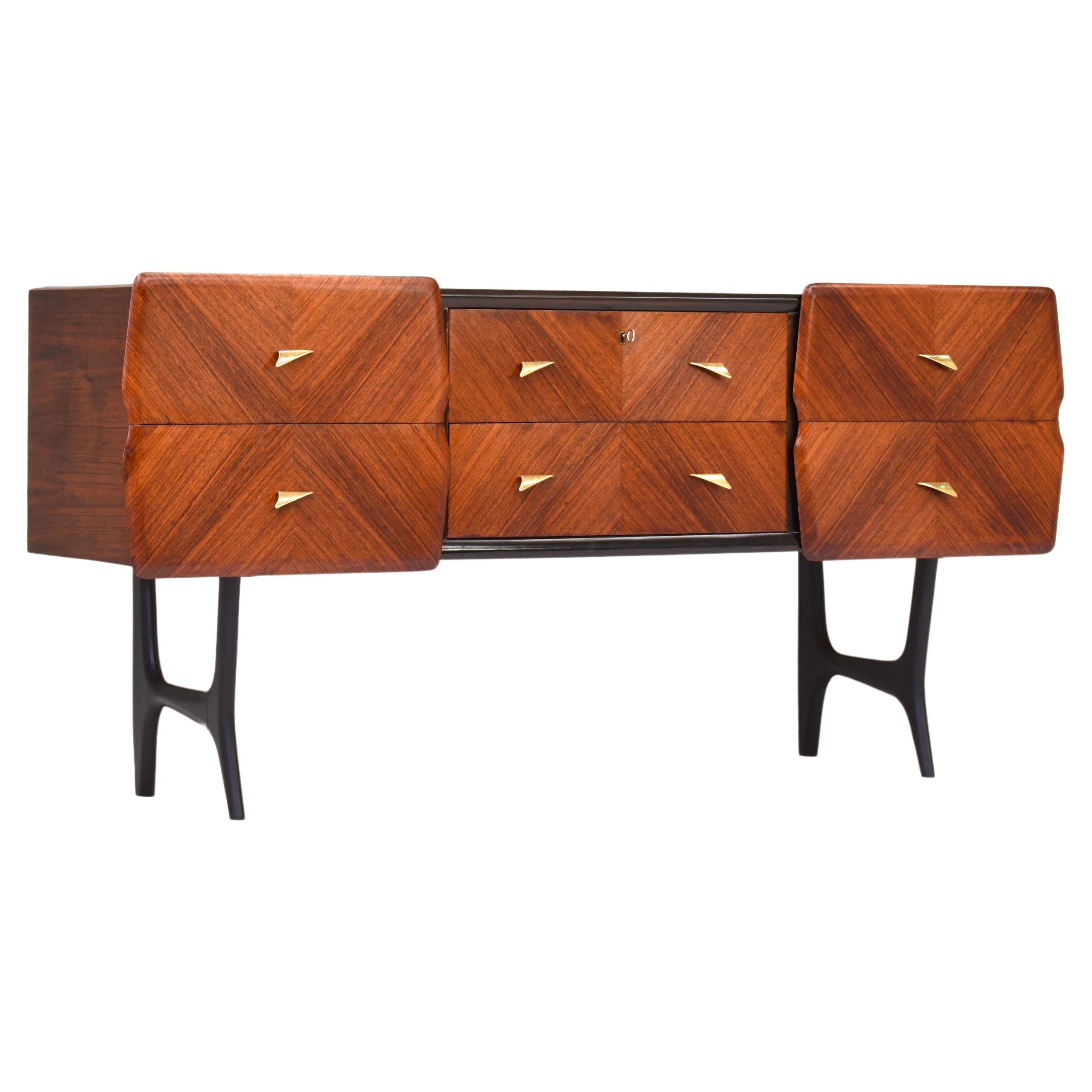 Italian Sideboard in Walnut with Brass details and Glass top, Italy, circa 1950