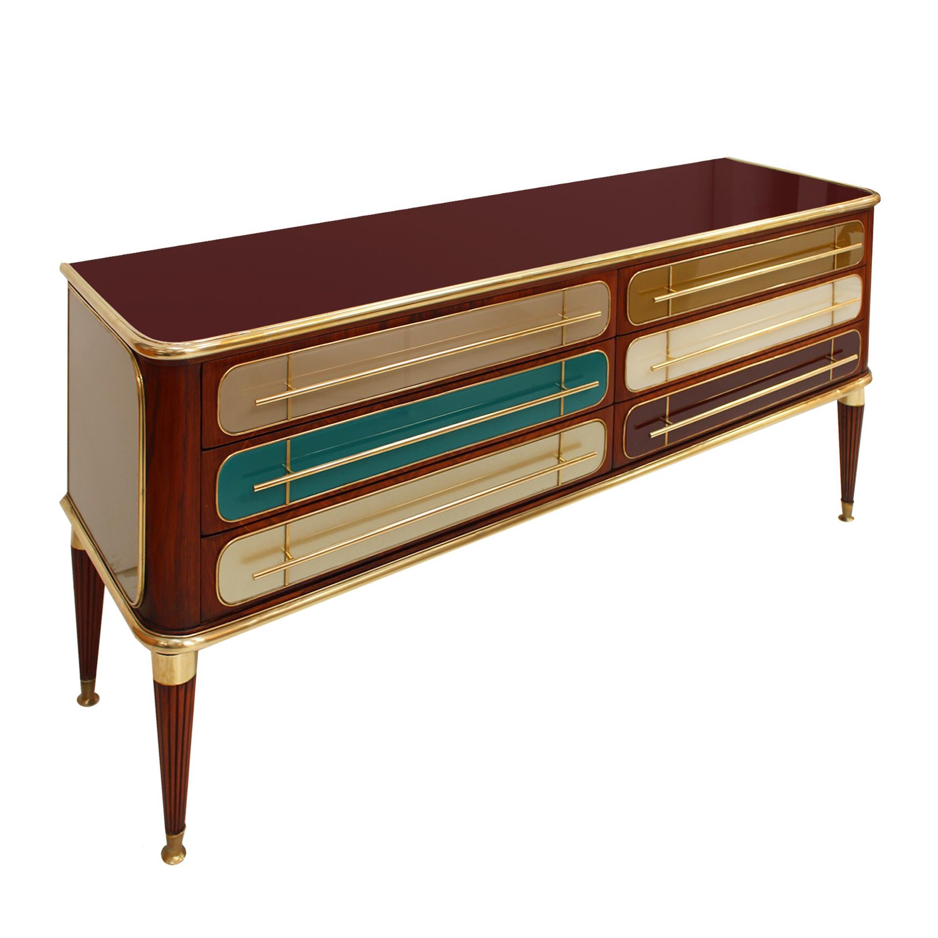Mid-Century Modern Mid Century Modern Italian Sideboard Wood and Colored Glass. 1950s For Sale