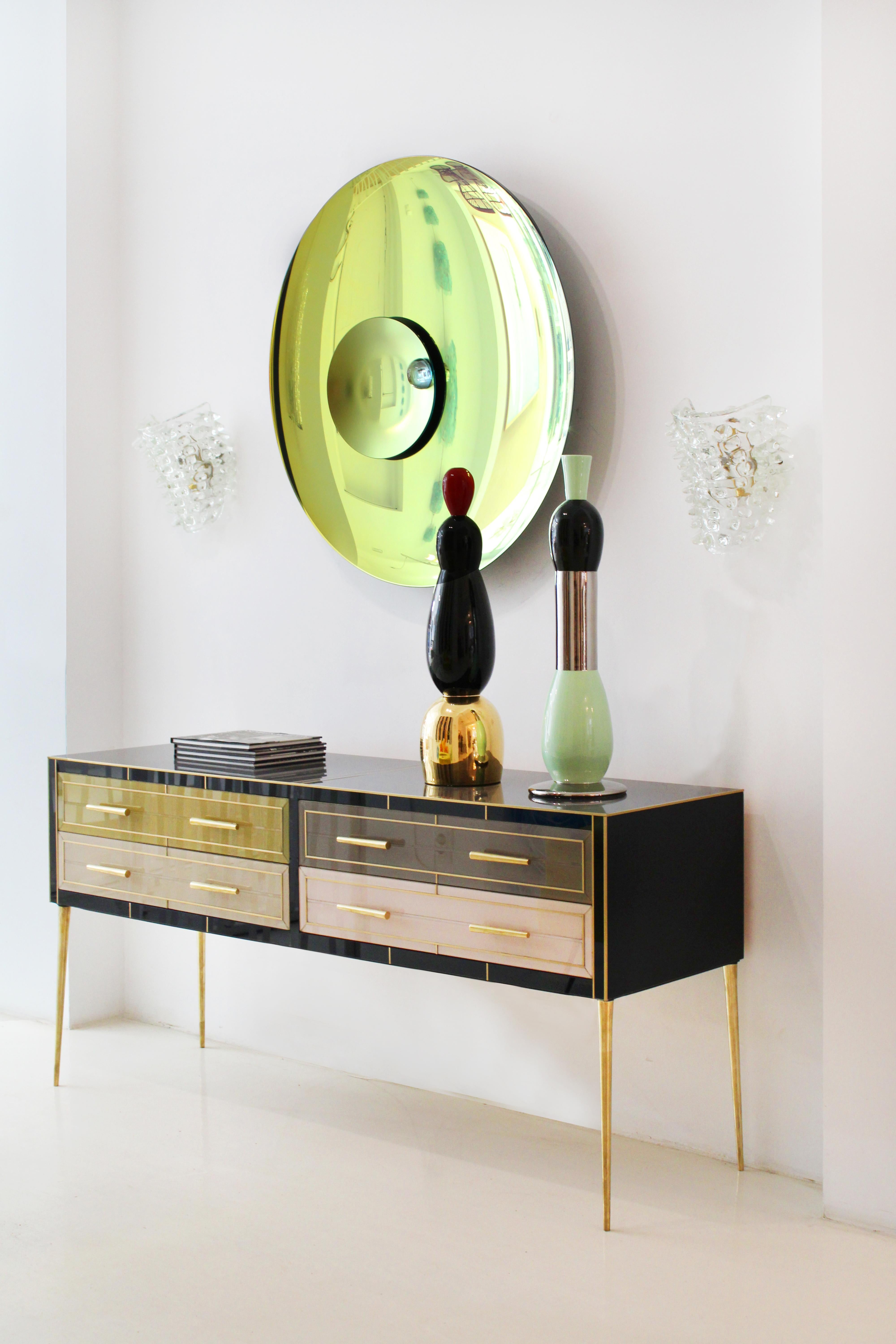 Contemporary Mid Century Style Sideboard Made of Solid Wood and Covered with Colored Glass For Sale