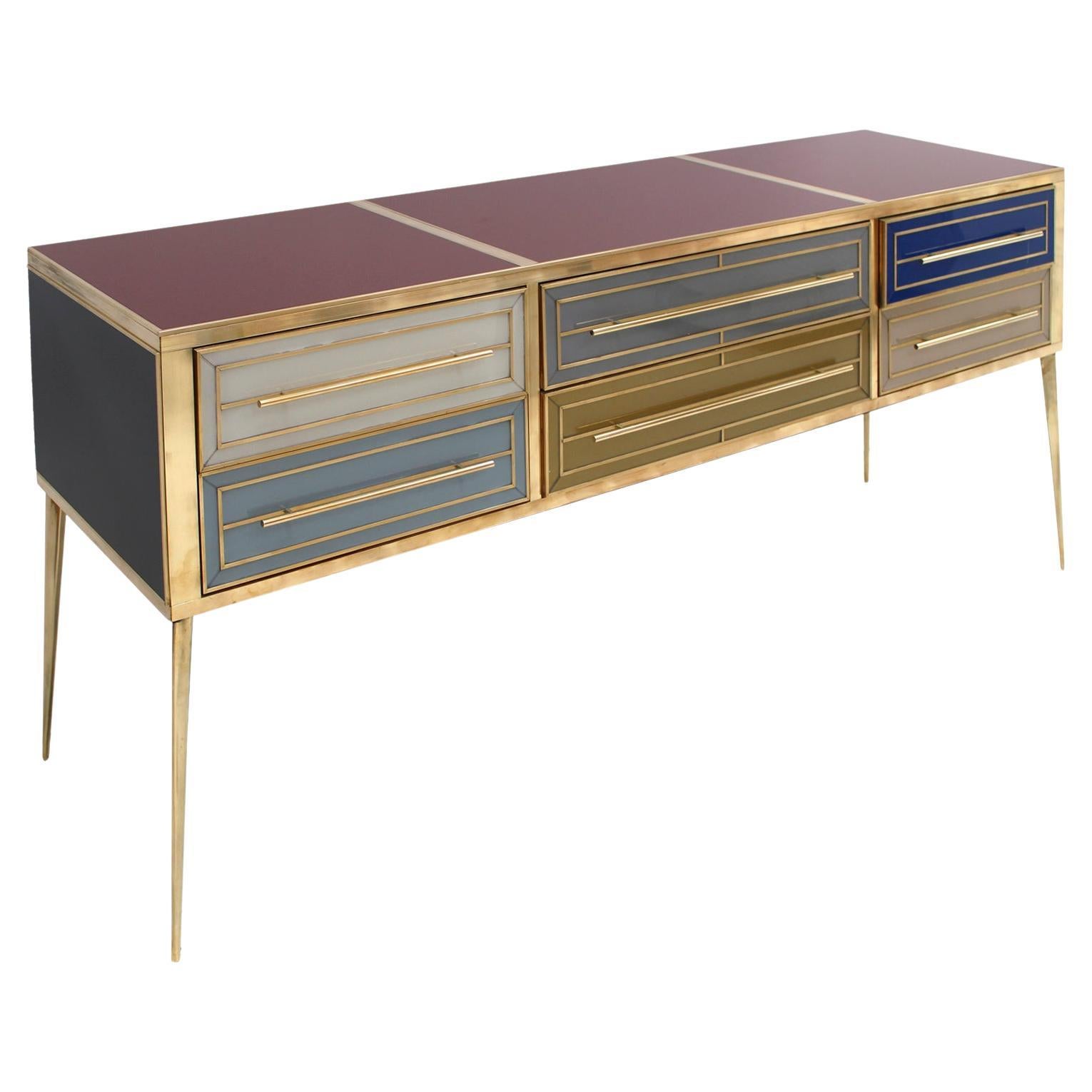 Italian Sideboard Made of Solid Wood and Covered with Colored Glass, 1950s