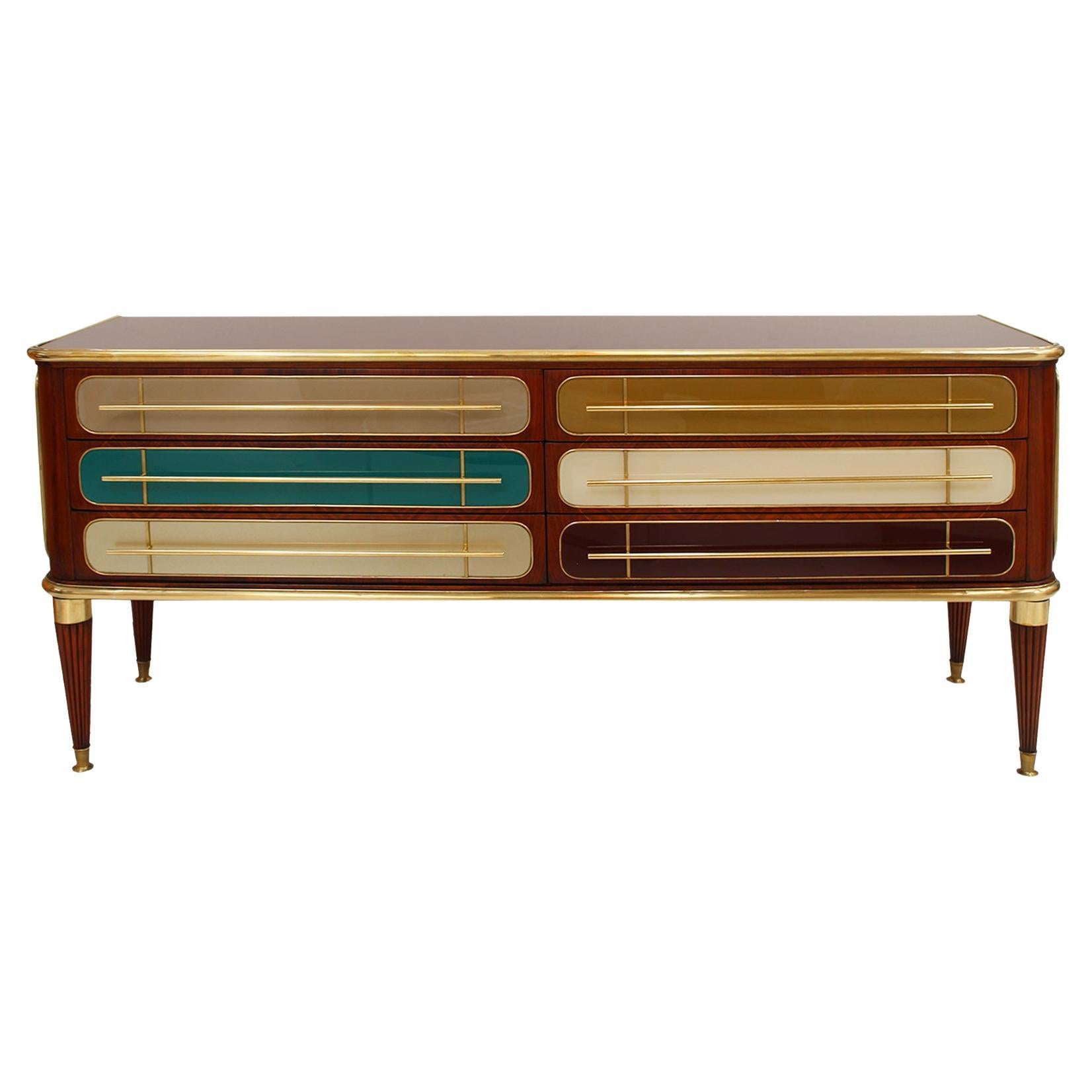 Mid Century Modern Italian Sideboard Wood and Colored Glass. 1950s For Sale