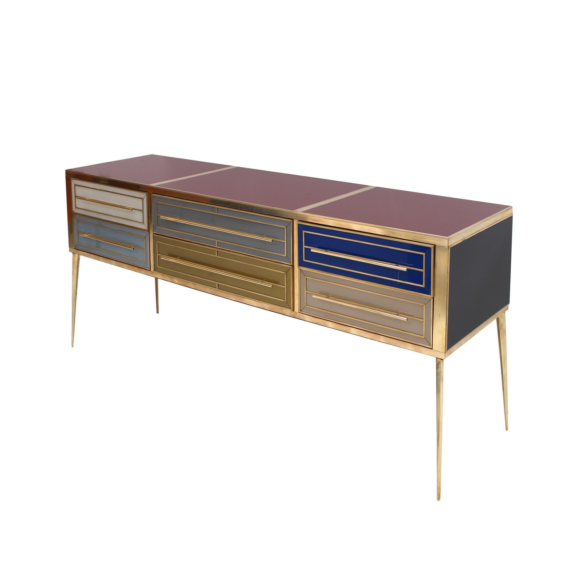 Mid-Century Modern Midcentury Style Italian Sideboard Made of Wood and Covered with Colored Glass For Sale