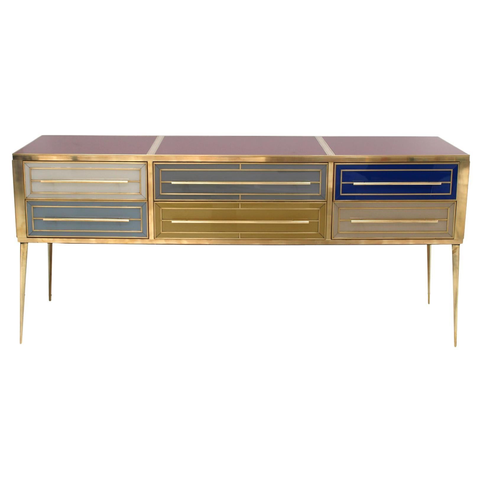 Midcentury Style Italian Sideboard Made of Wood and Covered with Colored Glass For Sale