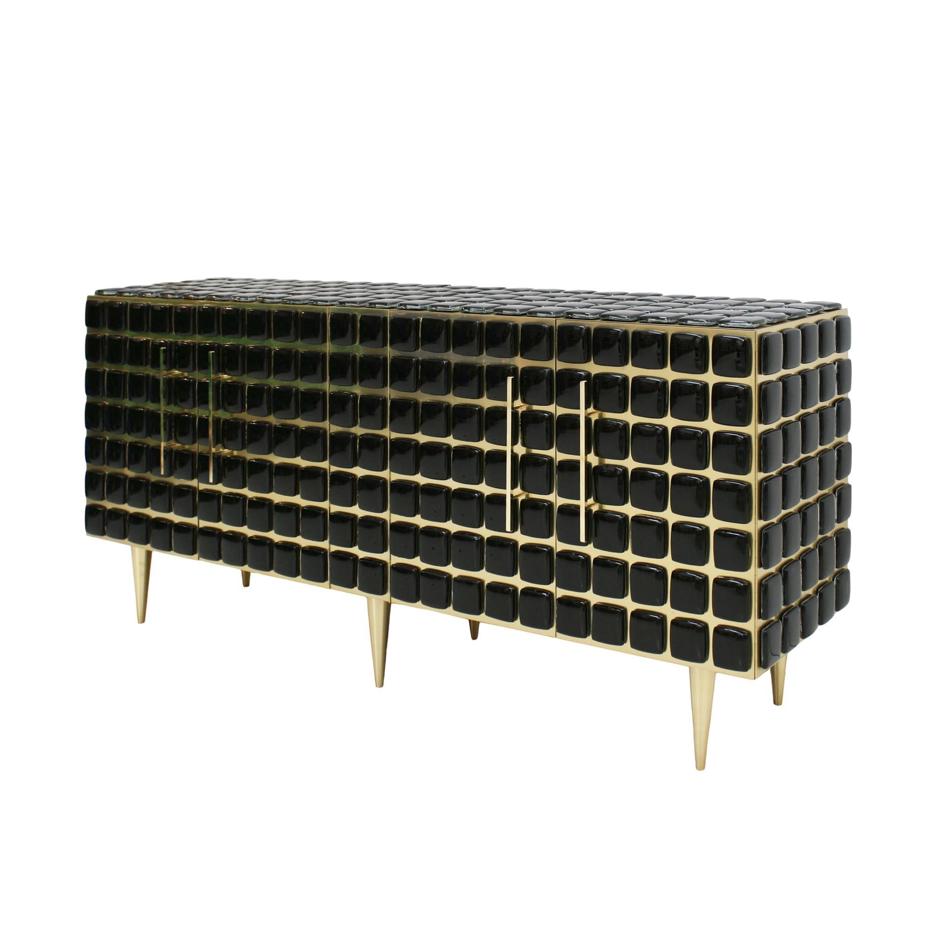 Italian Sideboard Made of Wood Brass & Decorated with Black Murano Glass Mosaics In New Condition For Sale In Madrid, ES
