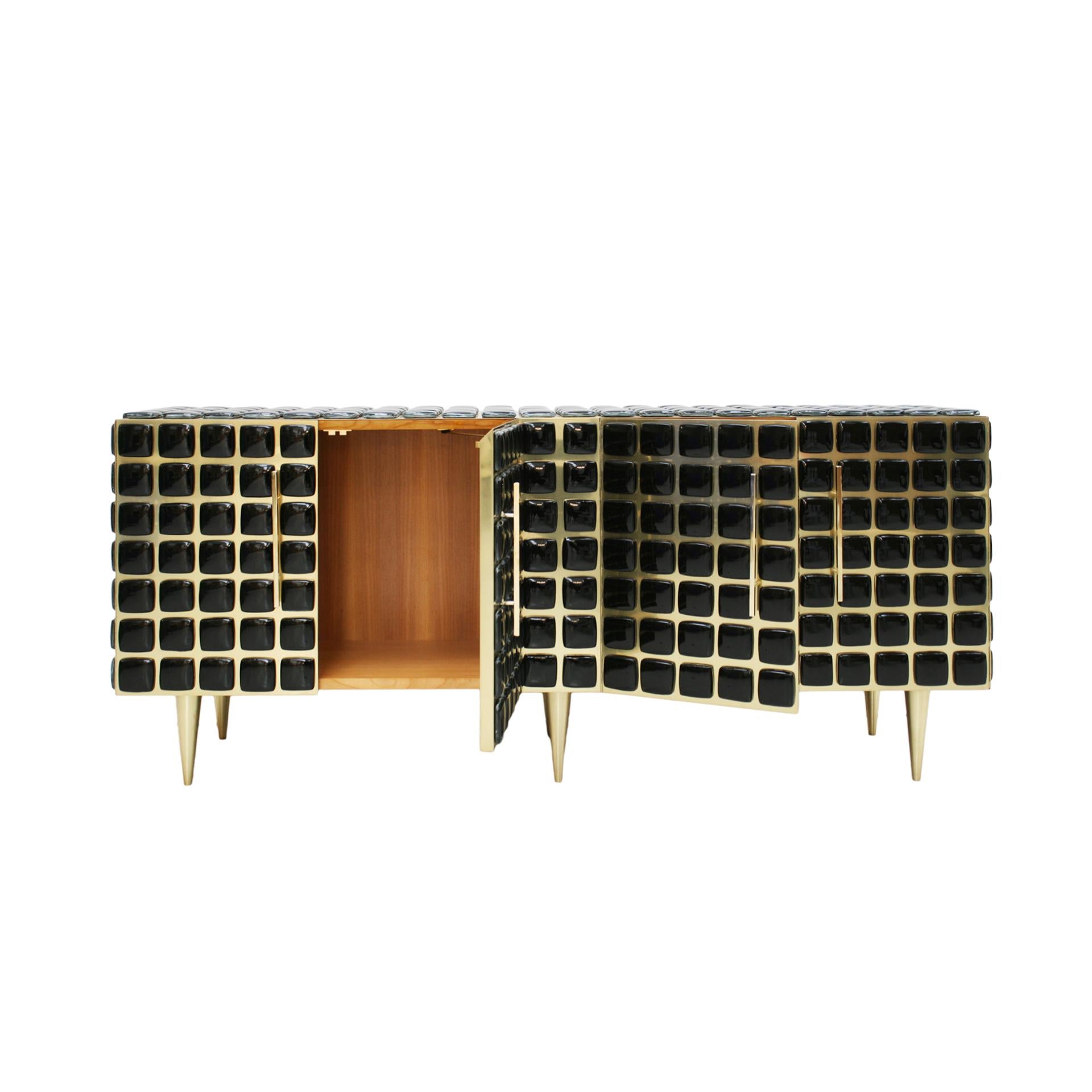 Italian Sideboard Made of Wood Brass & Decorated with Black Murano Glass Mosaics For Sale 1