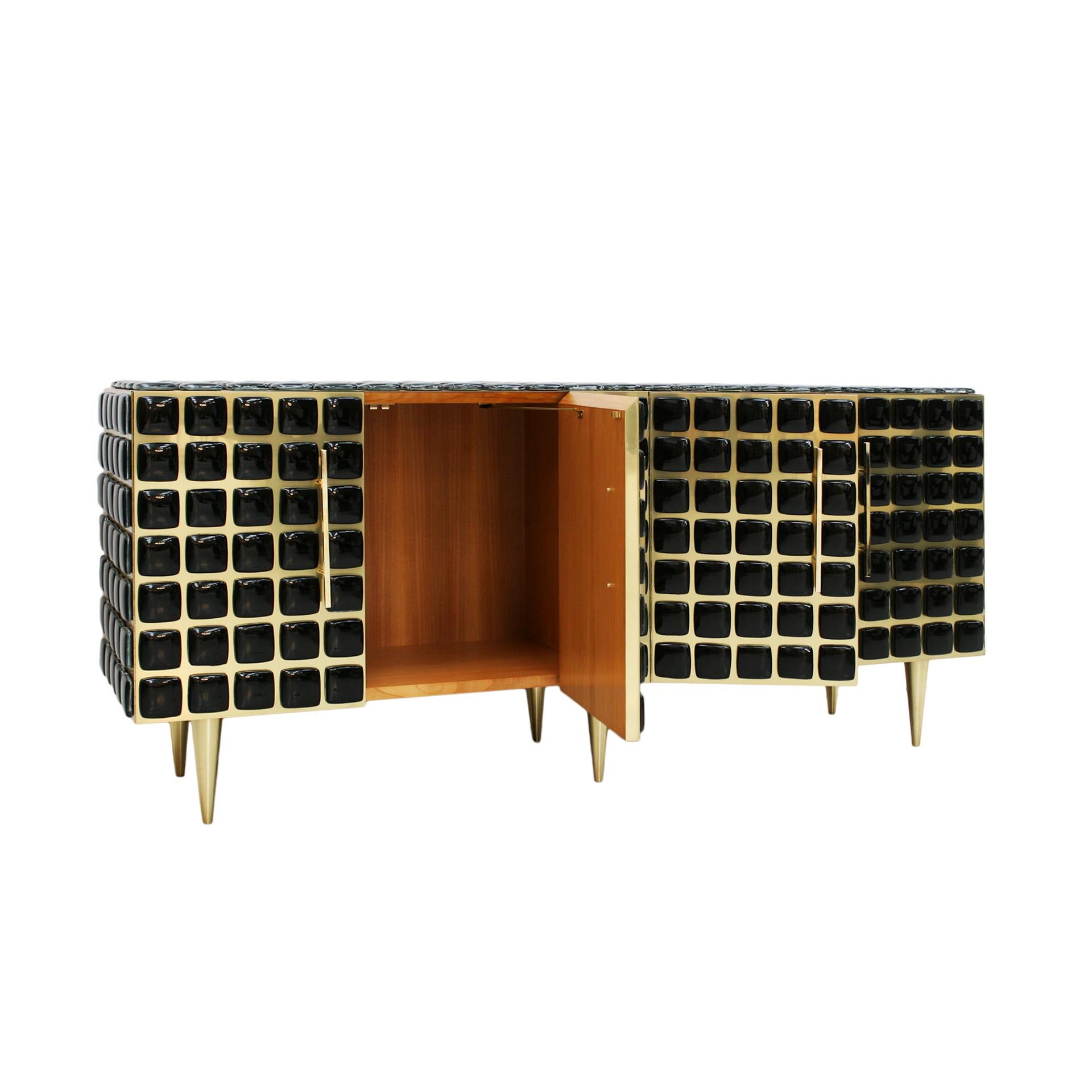 Italian Sideboard Made of Wood Brass & Decorated with Black Murano Glass Mosaics For Sale 2